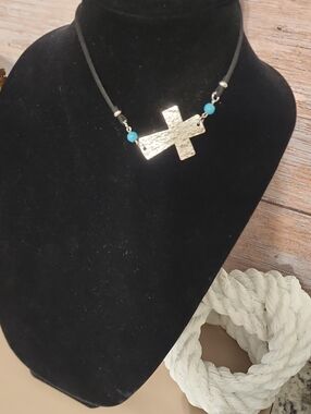 Gold Cross Pendant Necklace with Turquoise Accent - Women Jewelry